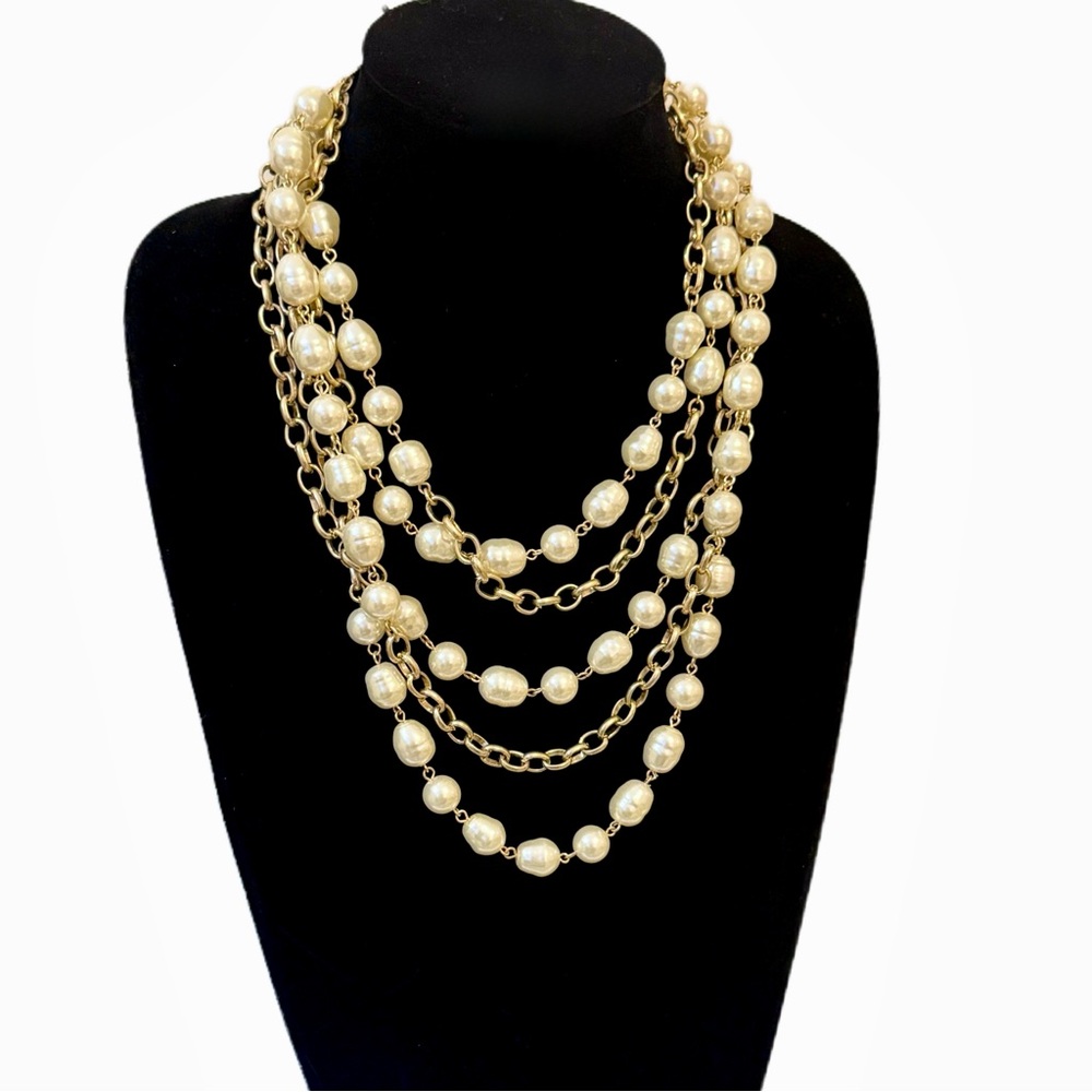 Chico's Faux Pearl Gold Chain Layered Statement Necklace - Picture 5 of 7